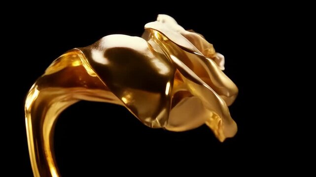 Luxurious 3D animation of molten gold liquid morphing into a rose shape with fluid simulation.