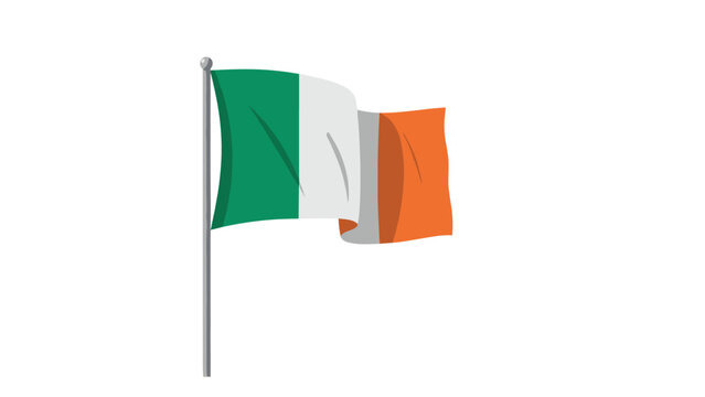 National flag of Ireland waving on a silver flagpole against a clean white background for patriotic celebrations and st patricks day.