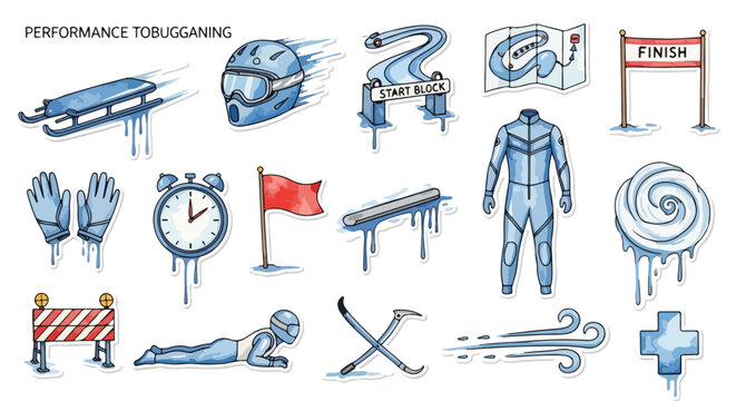 Collection of winter bobsleigh and luge sports equipment and elements, hand-drawn watercolor illustrations