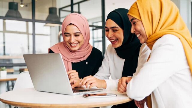 Three empowered business Muslim women friends with a laptop collaborating and laughing together, modern environment, inclusion and diversity concept, minimal composition, bright natural light.