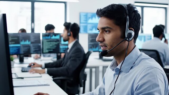 Customer support team in busy office. Professionals provide assistance using headsets. Dynamic atmosphere with technology and collaboration. Focus on effective communication and problem-solving.