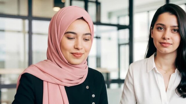 Empowered Muslim women looking at the camera and having coffee. Modern environment, inclusion and diversity concept, minimal composition, bright natural light.
