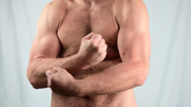 Average build muscular fat guy, lifting weights, flexing, body isolated on white background