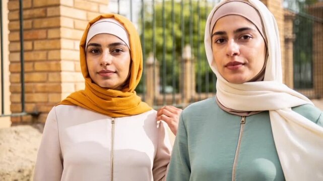 Two confident Muslim women friends smiling and looking to each other, while walking in the city, modest clothing, empowerment, diversity and inclusion concept. Lesbian couple. 