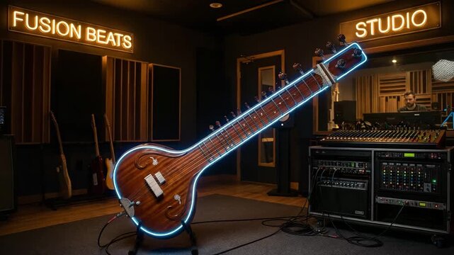 electric sitar positioned in modern recording studio video
