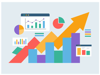 Fototapeta premium Business Data Analytics Dashboard with Growth Charts and Upward Arrow Vector Illustration