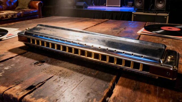large bass harmonica placed on wooden table inside blues studio video