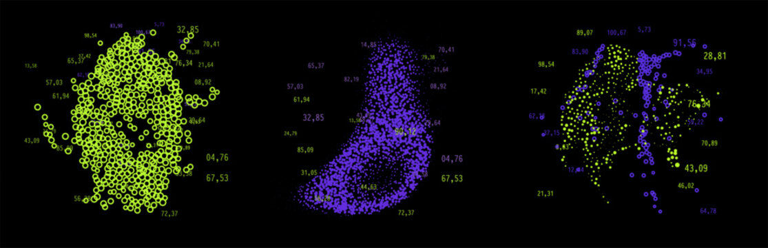 Dense scattered particle clusters with random numbers in glowing green and purple dots forming abstract data clouds on black background. Conceptual vector illustration for big data visualization.