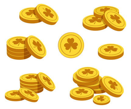Stacked & Singles St. Patrick Day Gold Coins Collection with Shamrock Symbols - Flat Lucky Irish Leprechaun Treasure Vector Illustration Set
