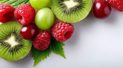 Fresh kiwi slices, green grapes, raspberries, and red grapes arranged with mint leaves on a white background, featuring ample copy space for text or graphics