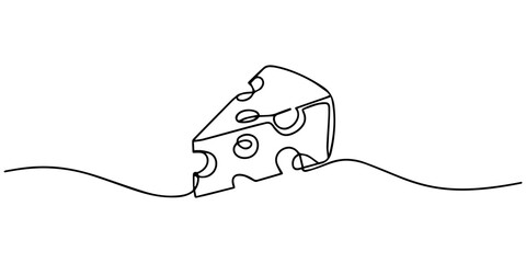 cheese continuous one line drawing, One continuous line of a piece of cheese with holes. Line art of a triangular-shaped hard cheese slice. Drawing in one line style with a black stroke. Vector © line pro