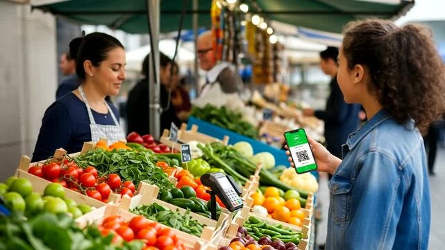 Young woman pays for fresh produce at outdoor market using mobile phone.