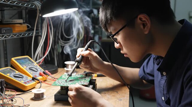 Young engineer soldering circuit board in workshop. Precision technique creates electronic components. Focused atmosphere enhances creativity and skill development.