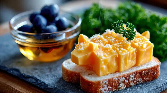 Cute dog-shaped cheese toast on bread with blueberries and honey, fun kids breakfast snack