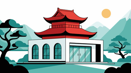 Fototapeta premium Flat vector illustration of a modern building with a red tiered East Asian roof set against stylized mountains and pine trees, concept for travel brochures, architectural design and historical tourism