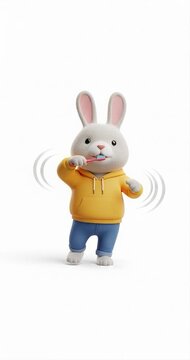 Animated rabbit brushing teeth isolated on white background