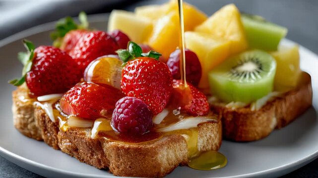 fruit toast with kiwi and berries, healthy creative breakfast snack for kids on a plate