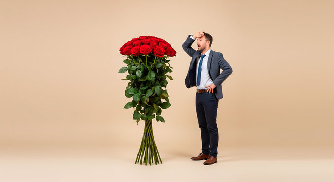 Man in suit looks overwhelmed by a giant bouquet of red roses, studio shot
