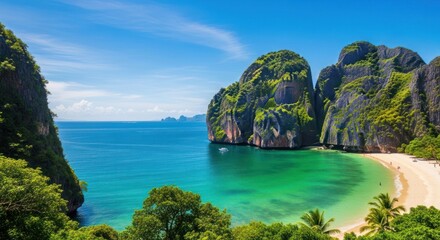 Fototapeta premium Tropical island cove with emerald waters, lush cliffs, sandy beach