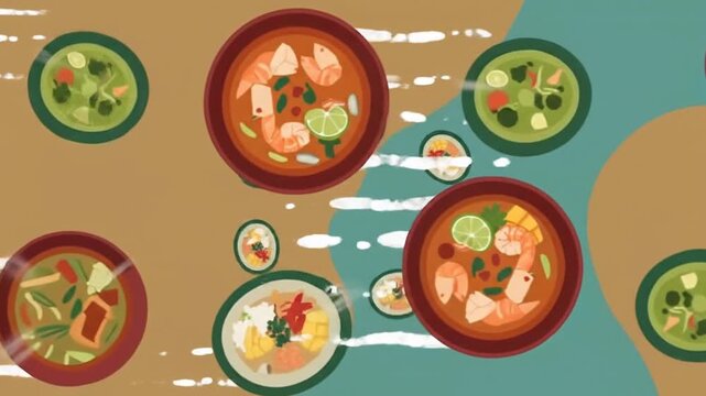 Street food pattern background with colorful bowls of shrimp soup and rice dishes creating vibrant appetizing food layout design full of fresh