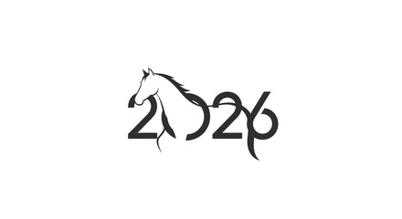 Elegant black and white digital illustration combining the year 2026 with a majestic horse silhouette, representing strength and the spirit of the new year in a unique graphic design concept