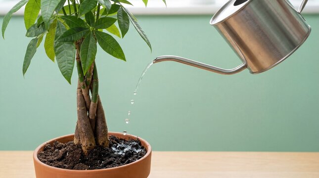 Watering a potted Money Tree plant with a metal can. Caring for Pachira aquatica houseplant
