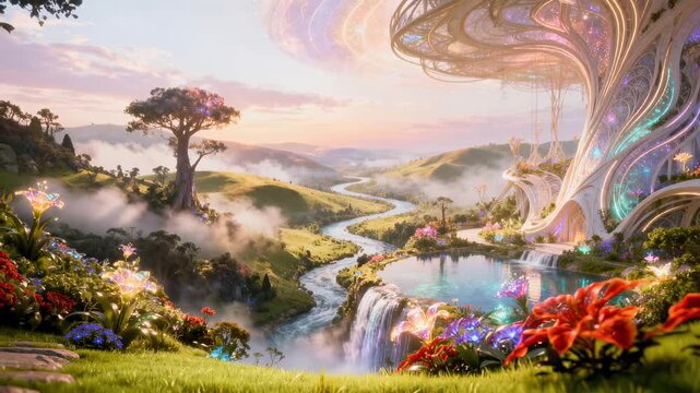 city from another divine dimension with intricate fantasy landscape, beautiful celestial architecture featuring shimmering spires and grand domes, amazing nature with surreal glowing flora, vibrant