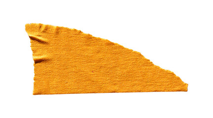Torn yellow masking tape piece isolated on transparent background with rough paper texture.