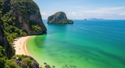 Fototapeta premium Tropical beach scene with clear turquoise water and rocky islands