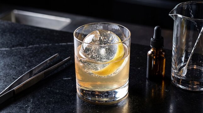 Elegant whiskey cocktail with large ice sphere and lemon twist. Professional mixology tools and bitters bottle on dark marble