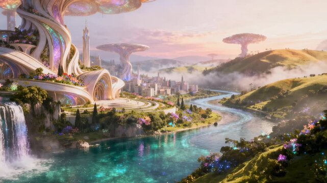 city from another divine dimension with intricate fantasy landscape, beautiful celestial architecture featuring shimmering spires and grand domes, amazing nature with surreal glowing flora, vibrant