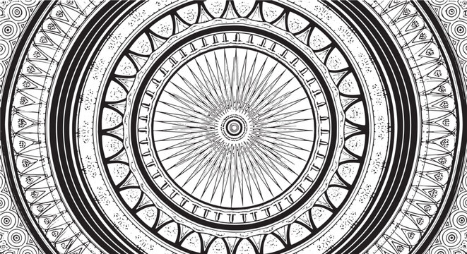 Abstract vector tire tracks form a medieval zodiac circle on the ancient facade of an old Italian cathedral tower, blending architectural art with a round astronomical clock symbol in Venice