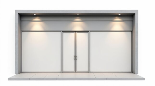 Modern empty shop storefront with large glass windows and double doors, isolated on a white background for mockup or copy space. 
