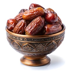 Delicious dried dates fruit in an ornate bronze bowl, isolated on white background.