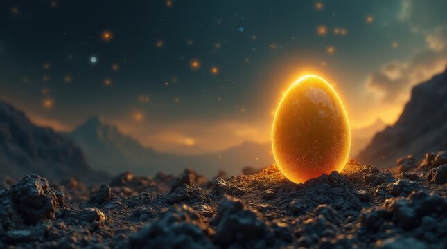 Yellow egg hatching in cosmic landscape 
