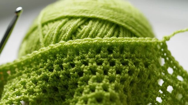 A vibrant green yarn ball sits beside a shiny crochet hook. Handmade green crochet fabric slowly appears, showcasing the craft.