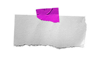 Torn white paper banner with purple tape accent, isolated on transparent background.