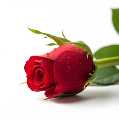Elegant single red rose with green stem and leaves, casting a soft shadow on a clean white background, symbolizing love.