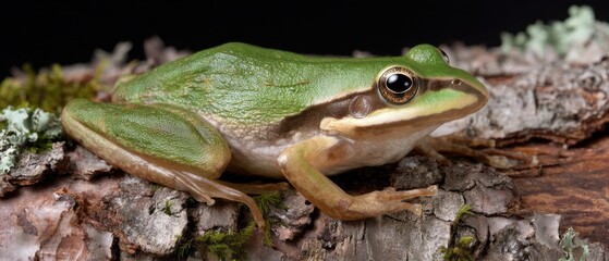 Obraz premium Close-up view of a green and brown frog resting on bark in natural light captured with high-resolution detail