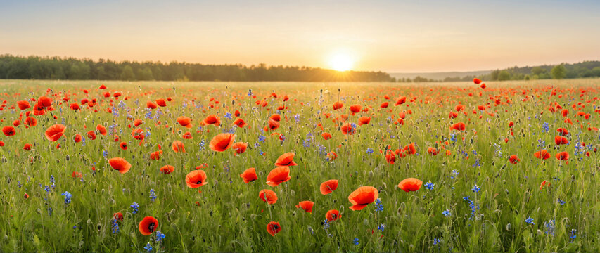 Weite Landschaft mit bl&uuml;henden Mohnblumen im Sonnenuntergang