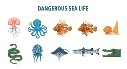 Illustration of ten dangerous sea life creatures arranged in two rows © zyaa