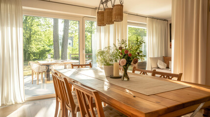 Fototapeta premium Luxury wooden dining room interior with table and chairs