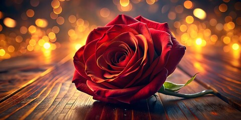 Romantic red rose resting on a rustic wooden table, illuminated by warm, festive bokeh lights in the background.