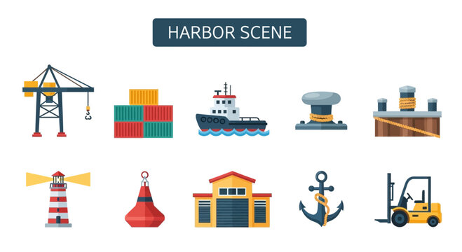 A set of ten colorful flatstyle icons illustrating various objects found in a harbor scene