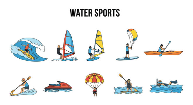Illustration of ten different water sports activities in two rows