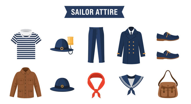 Assortment of sailor attire garments headwear footwear and accessories on a white background