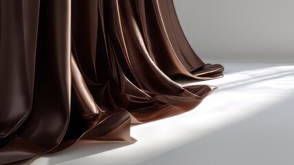 Fototapeta premium Rich luxurious dark chocolate brown silk fabric drapes elegantly across a bright white studio floor creating deep folds and highlights with subtle cinematic lighting.