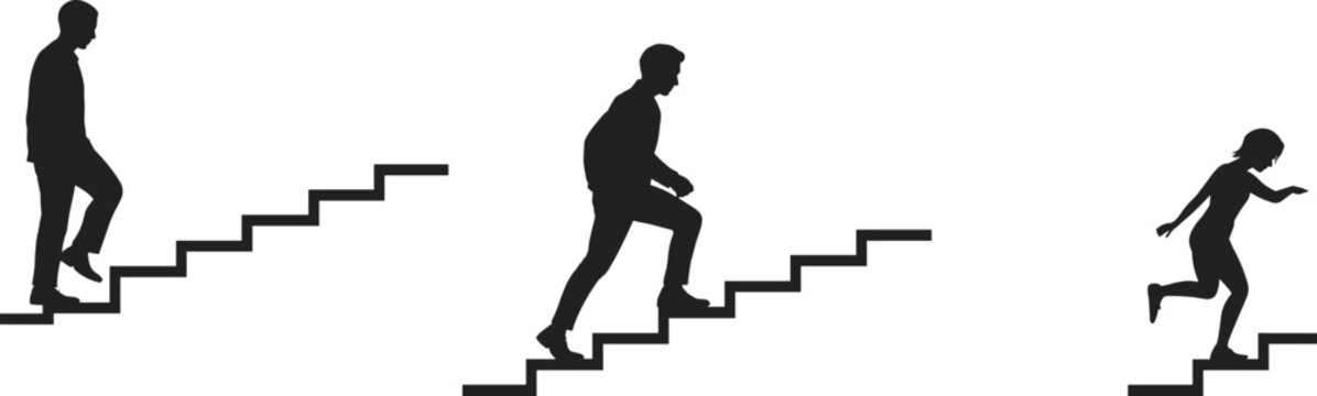 People walking upstairs silhouette set climbing steps black vector illustration isolated