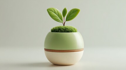 Green Plant in Modern Pot with Leaves and Grass for Decor