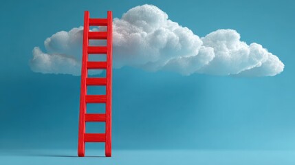 Red Ladder Reaching Toward Soft Cloud on Blue Background